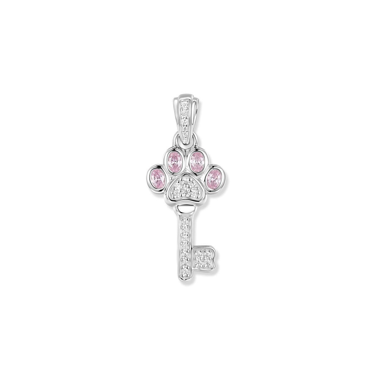 Silver Pink Paw keychain with paw-shaped handle, pink oval cubic zirconia on the paw tips, and white cubic zirconia trim