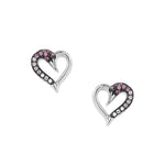 Silver pink swan heart stud earrings with pink and white zirconia, delicate heart design with swan shape