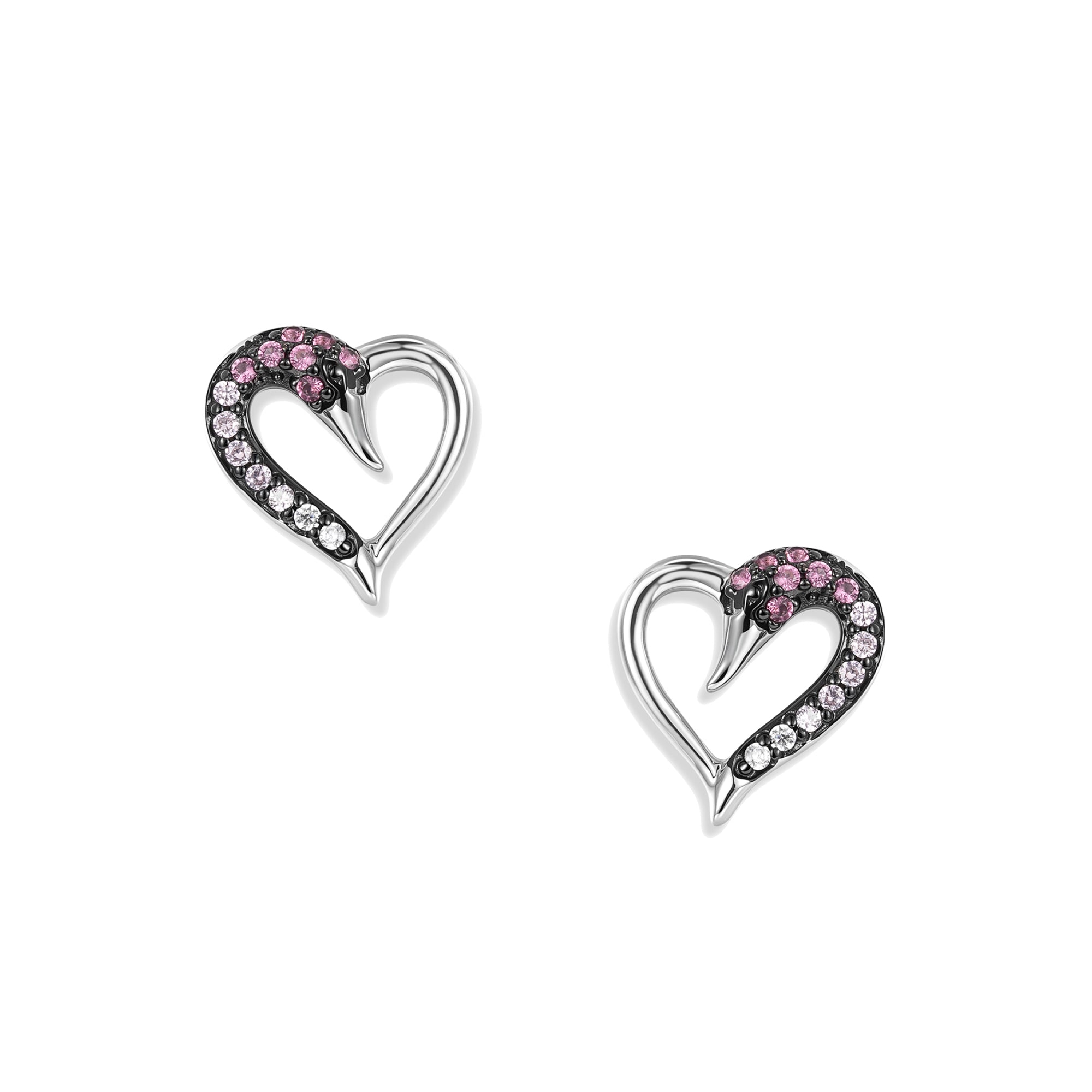 Silberne Pink Schwan Herz Ohrstecker mit rosafarbenen und weißen Zirkonia, filigranes Herzmotiv mit Schwanform