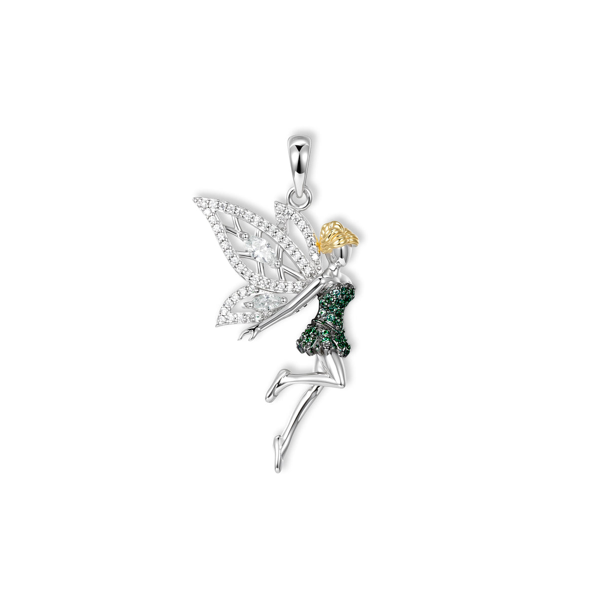 Pixie Feen-Anhänger von SEINERZEIT aus 925 Sterling Silber mit weißen Zirkonia-Flügeln, grünem Zirkonia-Kleid und vergoldeten Haaren