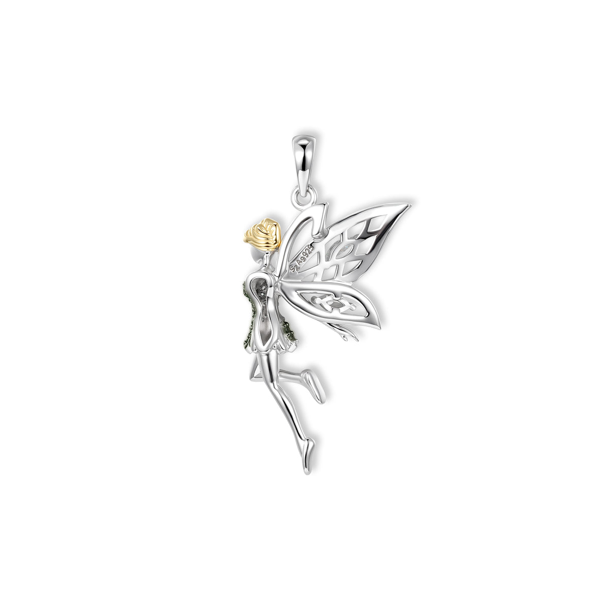 Rückseite des Pixie Feen-Anhängers von SEINERZEIT aus 925 Sterling Silber mit filigranen Flügeln und vergoldeten Haaren