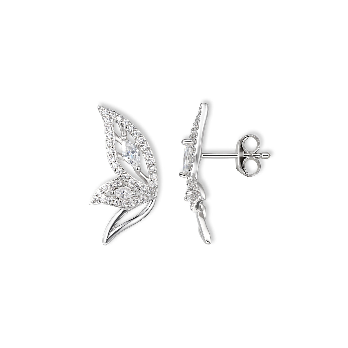 Pixie Feen-Ohrringe von SEINERZEIT aus 925 Sterling Silber mit weißen Zirkonia und Feenflügeln in Seitenansicht