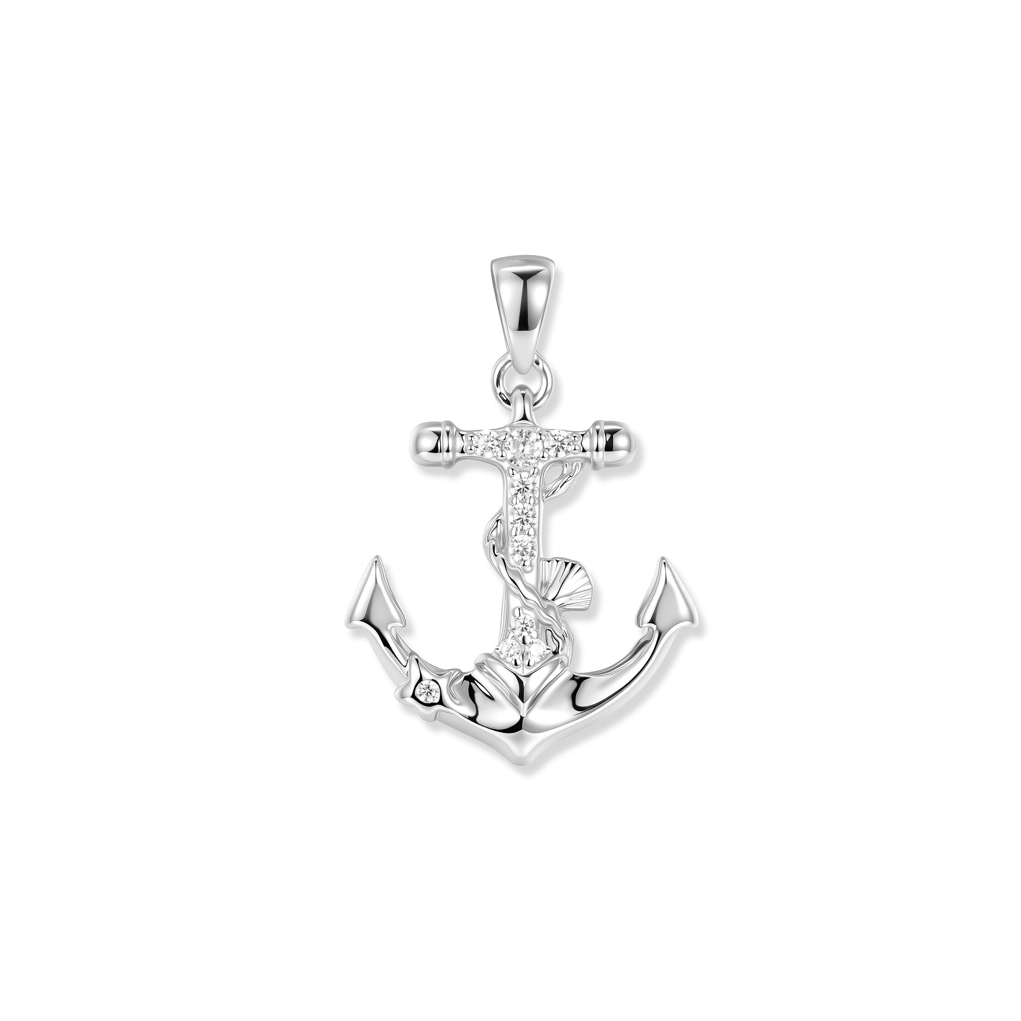 Dezenter Port White Anker Anhänger aus rhodiniertem 925 Sterling Silber mit weißen Zirkonia, kleinem Seestern am Haken und Muschel am gewundenen Seil