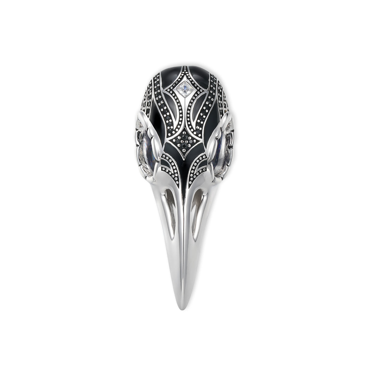 Raven Krähenschädel-Anhänger von SEINERZEIT aus 925 Sterling Silber mit schwarzer Emaille und weißen Zirkonia