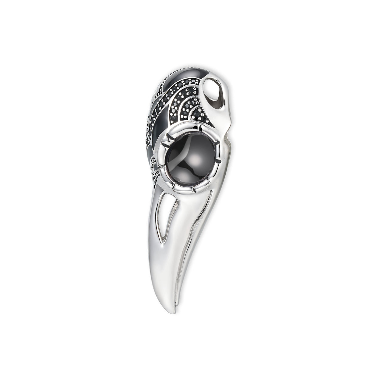 Raven Krähenschädel-Anhänger von SEINERZEIT aus 925 Sterling Silber mit schwarzer Emaille und weißen Zirkonia in Seitenansicht