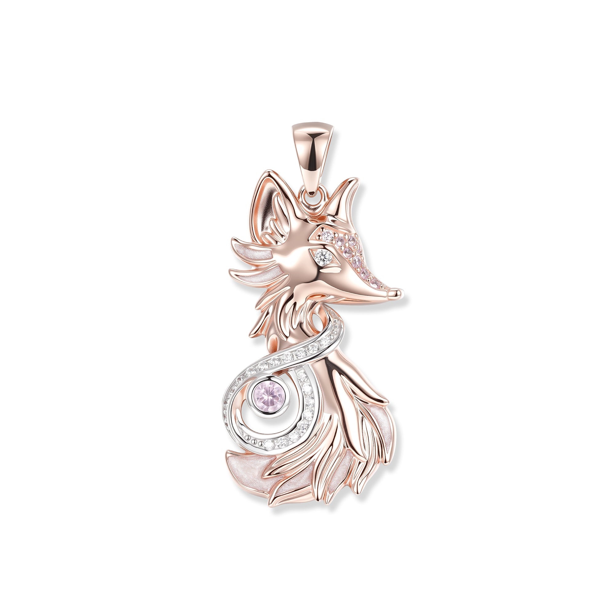 Rosévergoldeter Rosé Fox Infinity Anhänger mit abstraktem Fuchs und Infinity-Symbol, besetzt mit leicht rosafarbenem Zirkonia