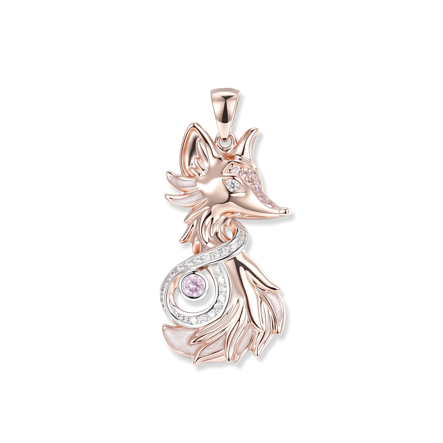 Rosévergoldeter Rosé Fox Infinity Anhänger mit abstraktem Fuchs und Infinity-Symbol, besetzt mit leicht rosafarbenem Zirkonia
