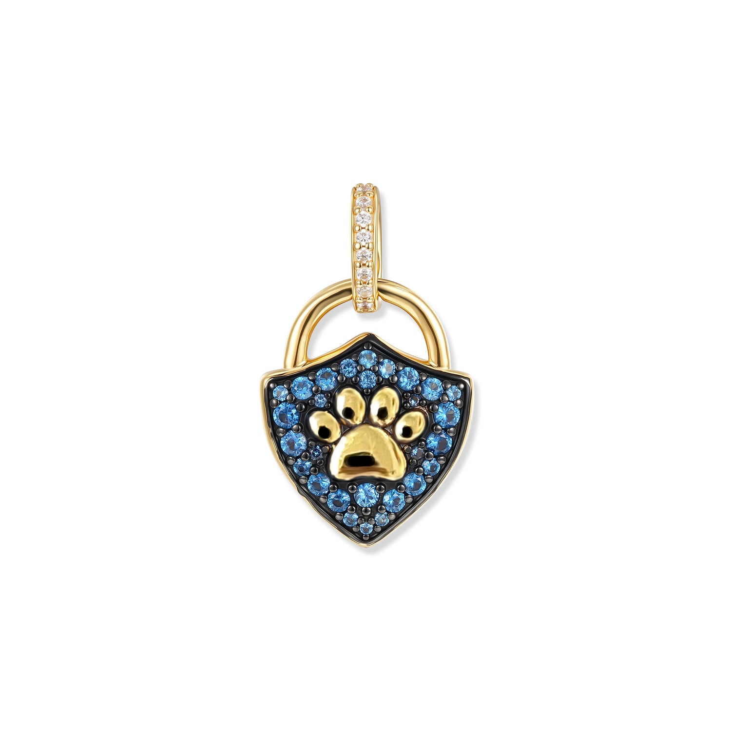 Ciondolo Royal Paw placcato oro a forma triangolare, con zampa in rilievo satinata, zirconi blu e ossidazione mirata dietro le pietre