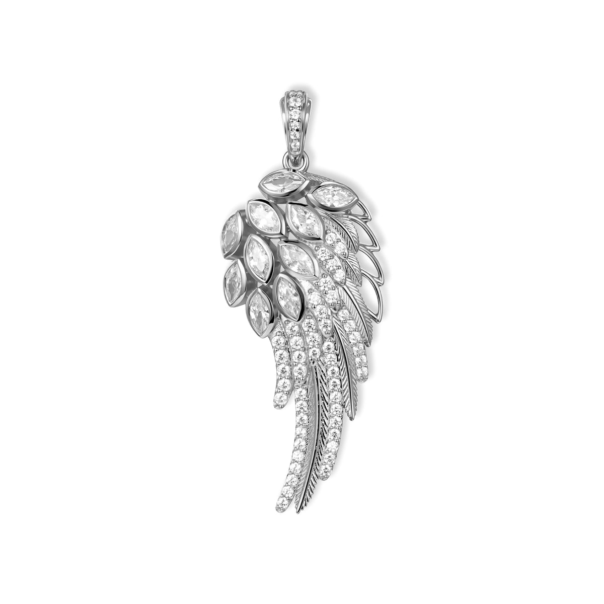 Seraph Engelsflügel-Anhänger von SEINERZEIT aus rhodiniertem 925 Sterling Silber mit weißen Zirkonia und filigranem Engelsflügel-Design 
