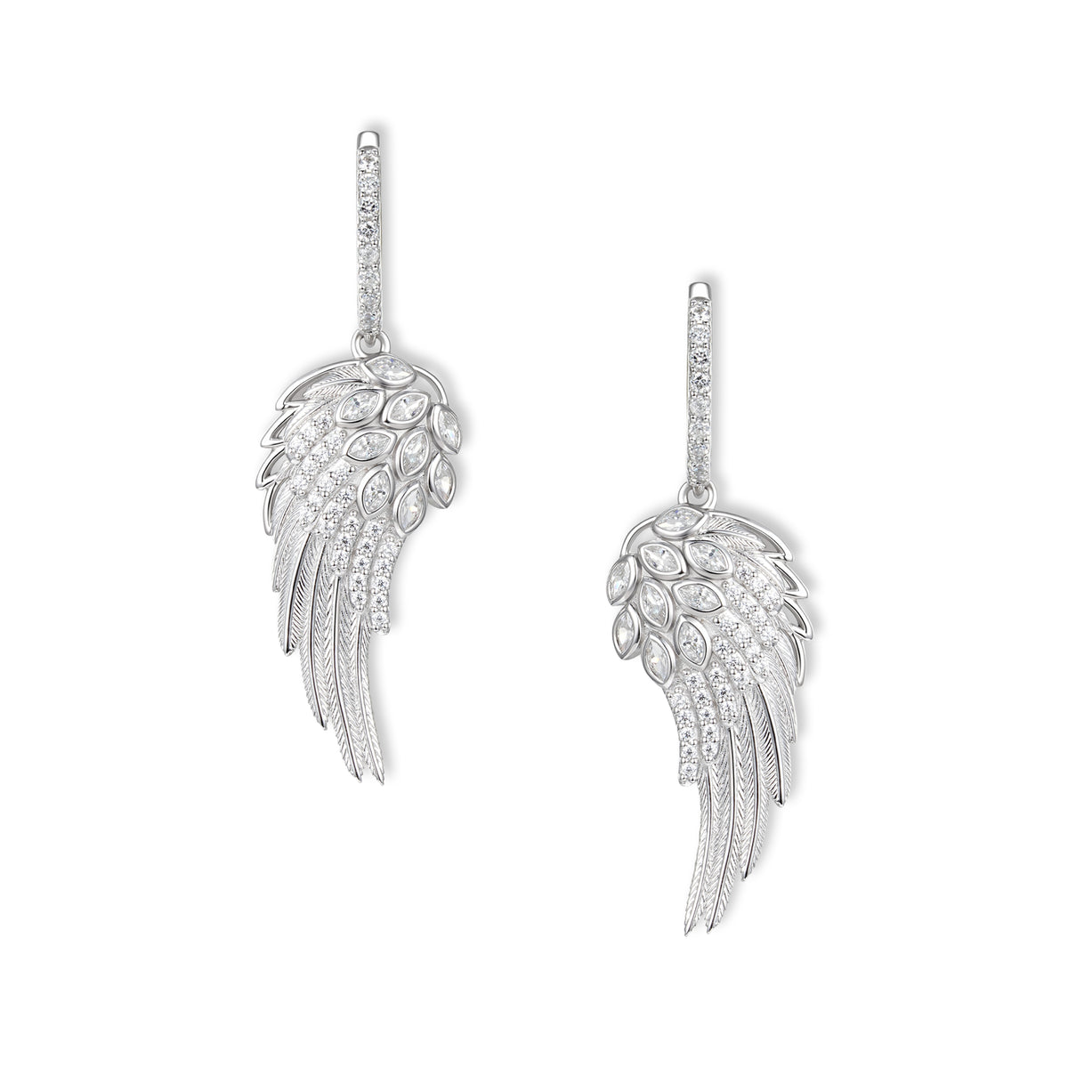 Seraph Engelsflügel Ohrringe von SEINERZEIT aus rhodiniertem 925 Sterling Silber mit weißen Zirkonia als bewegliche Creolen mit hängenden Engelsflügeln 