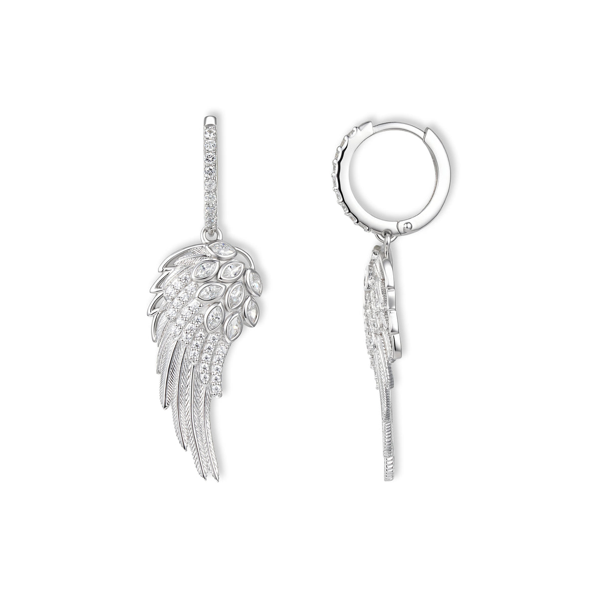 Seitenansicht der Seraph Engelsflügel Ohrringe von SEINERZEIT aus rhodiniertem 925 Sterling Silber mit beweglicher Creole und hängendem Engelsflügel 