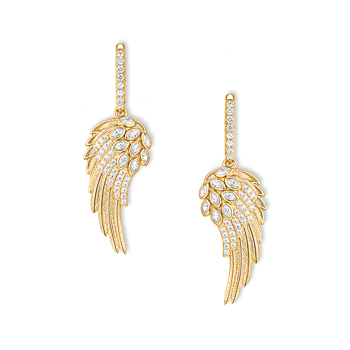 Seraph Engelsflügel Ohrringe von SEINERZEIT aus vergoldetem 925 Sterling Silber mit weißen Zirkonia als bewegliche Creolen mit hängenden Engelsflügeln 