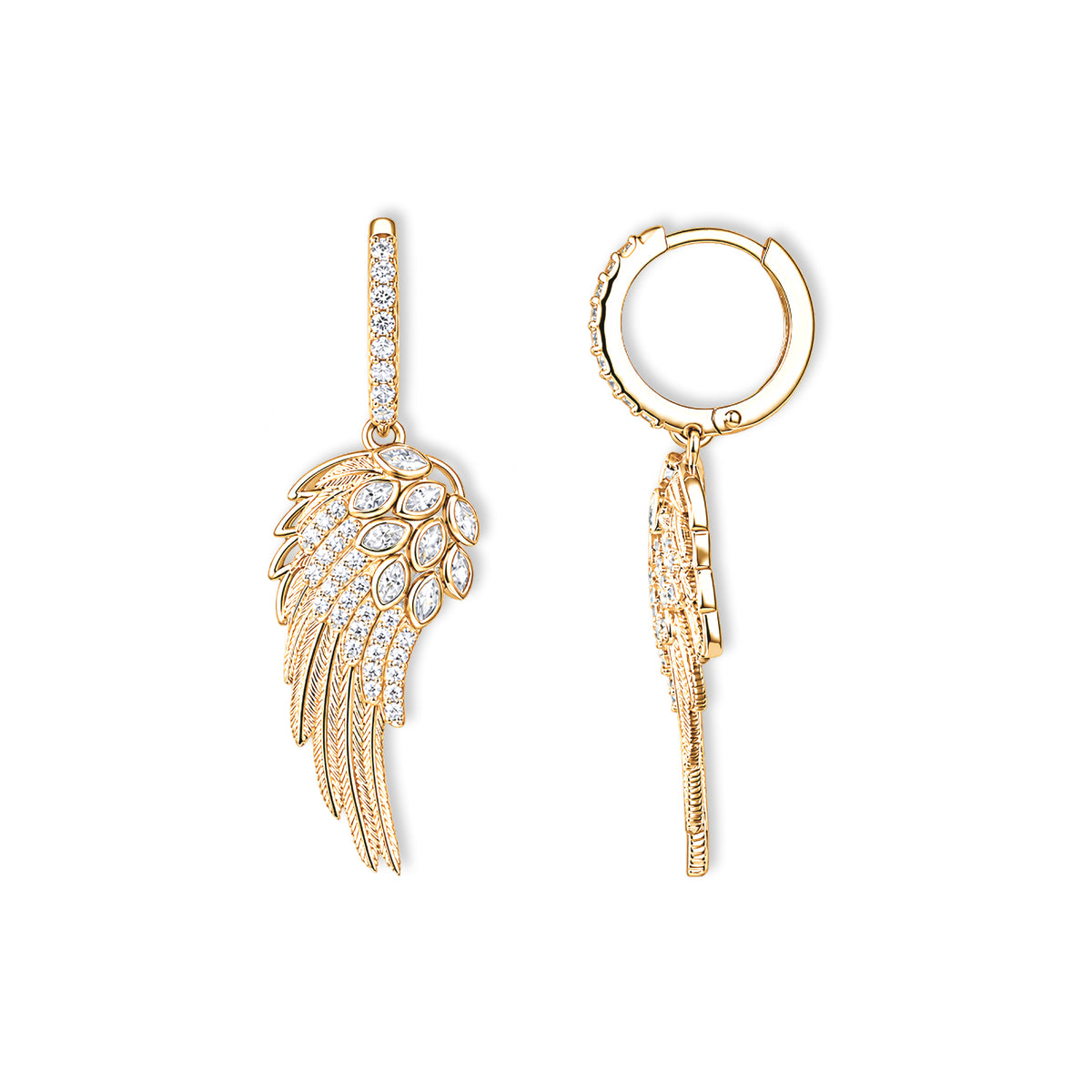 Seitenansicht der Seraph Engelsflügel Ohrringe von SEINERZEIT aus vergoldetem 925 Sterling Silber mit beweglicher Creole und hängendem Engelsflügel 