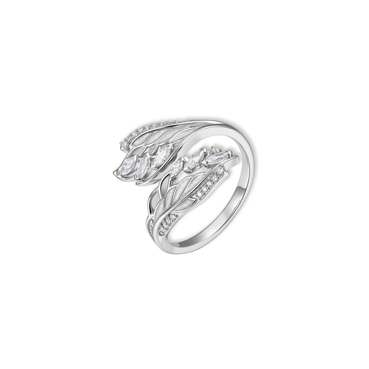 Seraph Engelsflügel Ring von SEINERZEIT aus rhodiniertem 925 Sterling Silber mit weißen Zirkonia und flexibler Ringschiene 
