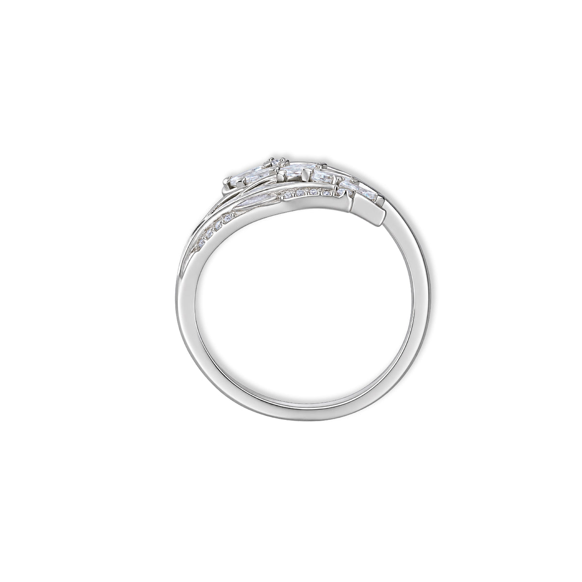 Seitenansicht des Seraph Engelsflügel Rings von SEINERZEIT aus rhodiniertem 925 Sterling Silber mit weißen Zirkonia und flexibler Ringschiene 