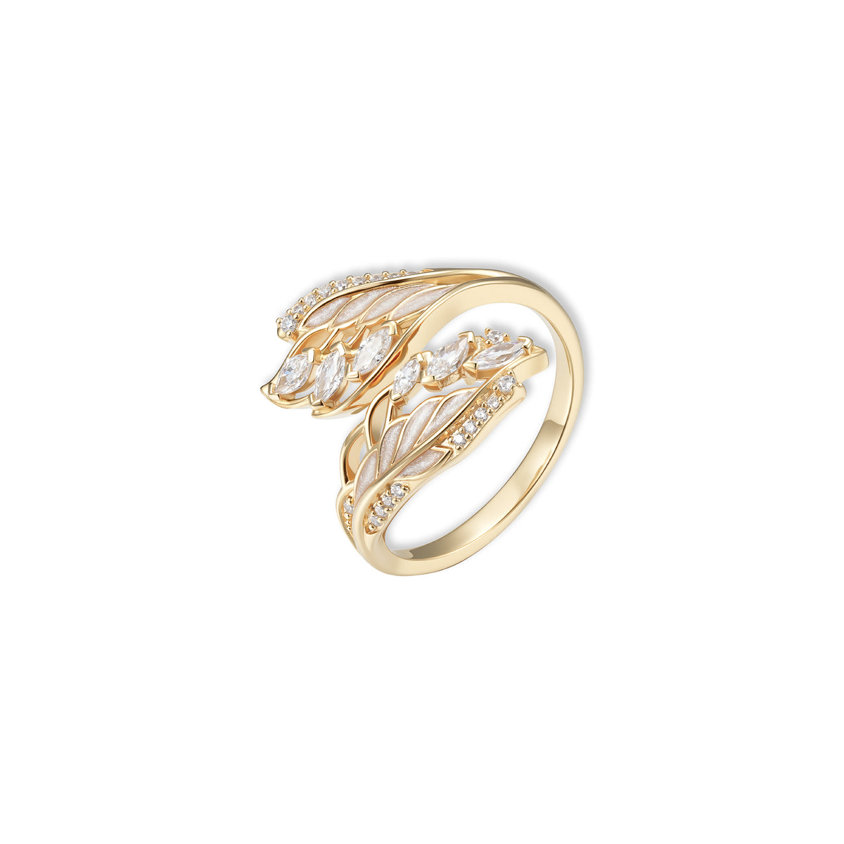 Seraph Engelsflügel Ring von SEINERZEIT aus vergoldetem 925 Sterling Silber mit weißen Zirkonia und flexibler Ringschiene 