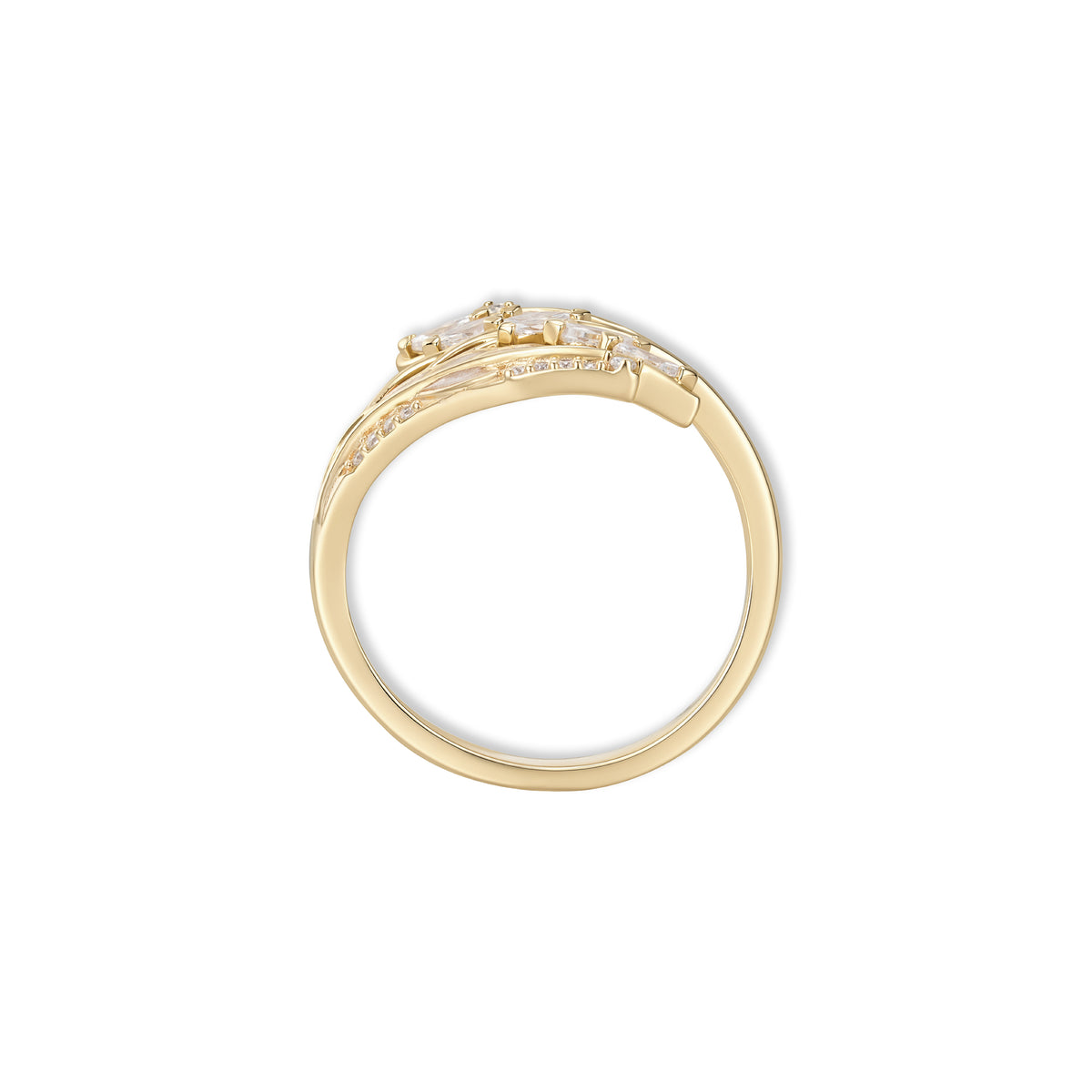 Seitenansicht des Seraph Engelsflügel Rings von SEINERZEIT aus vergoldetem 925 Sterling Silber mit weißen Zirkonia und flexibler Ringschiene 