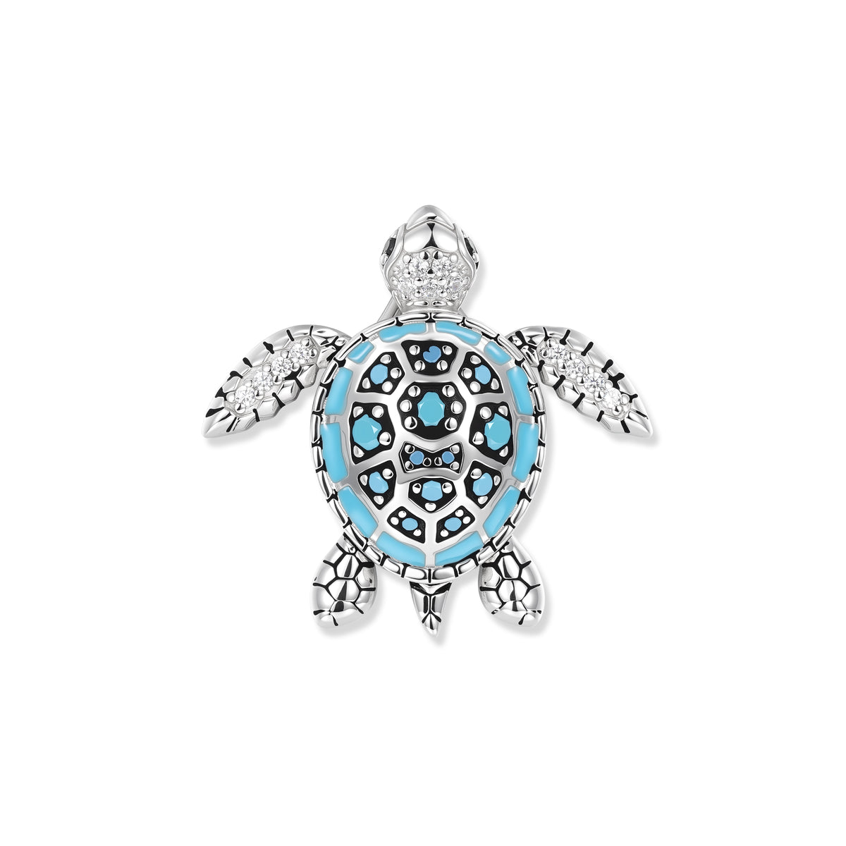 Lively turtle in rhodium-plated silver with a turquoise enamel shell and sparkling zirconia, inspired by clear aquatic worlds