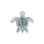 Lively turtle in rhodium-plated silver with a turquoise enamel shell and sparkling zirconia, inspired by clear aquatic worlds