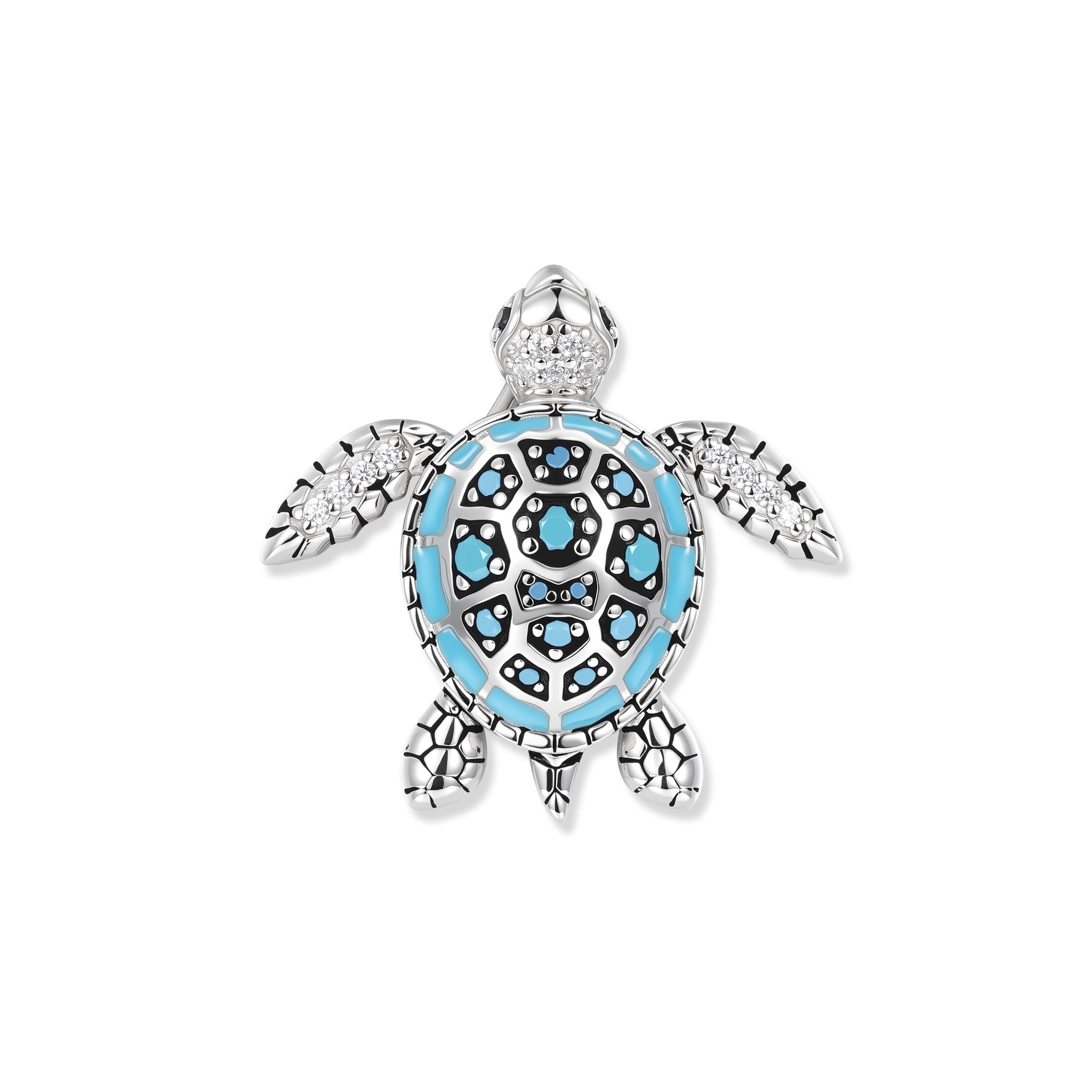 Lively turtle in rhodium-plated silver with a turquoise enamel shell and sparkling zirconia, inspired by clear aquatic worlds