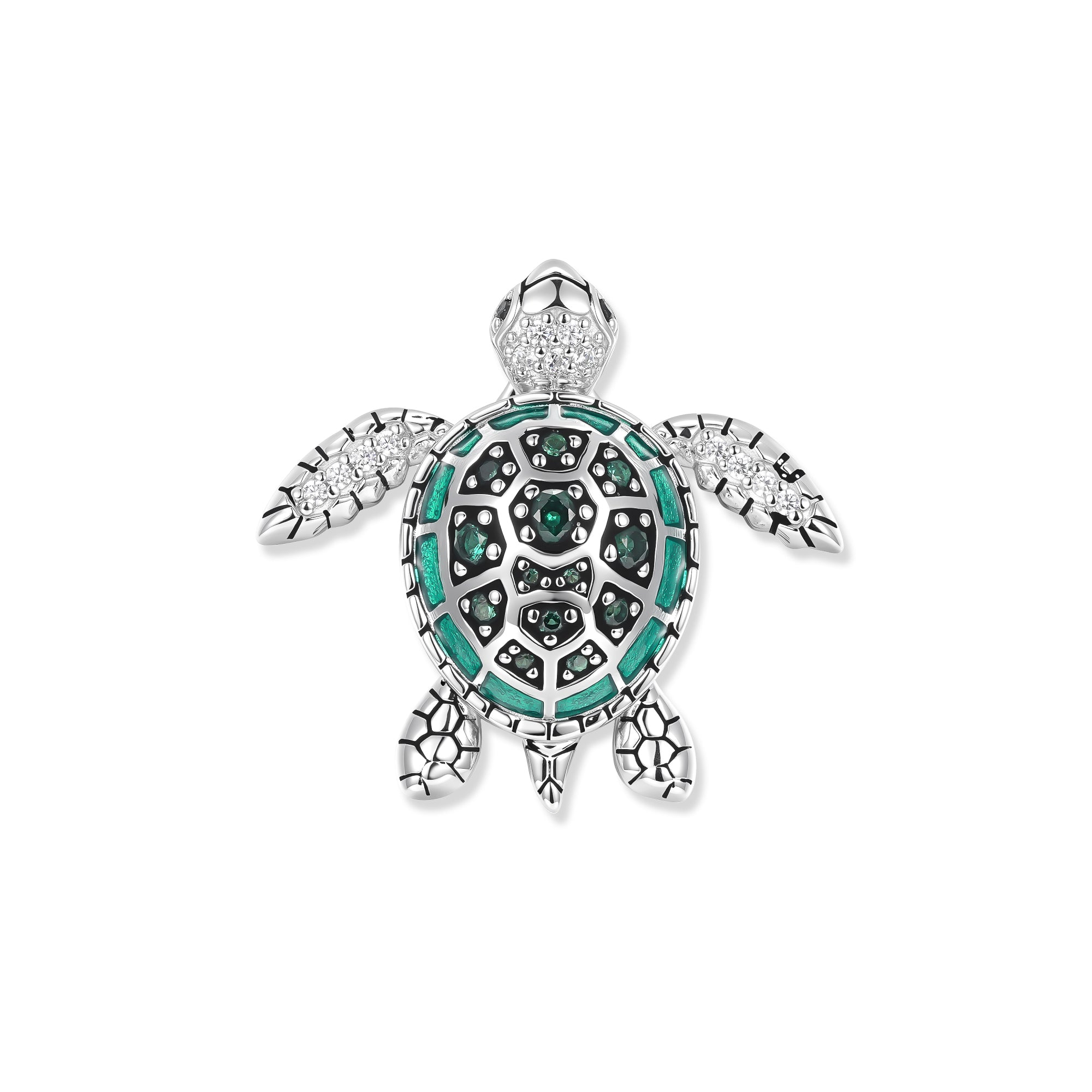 Detailreiche Schildkröte aus rhodiniertem Silber mit grünem Emaille-Panzer und funkelnden grünen Zirkonia, inspiriert von ruhigen Wasserwelten