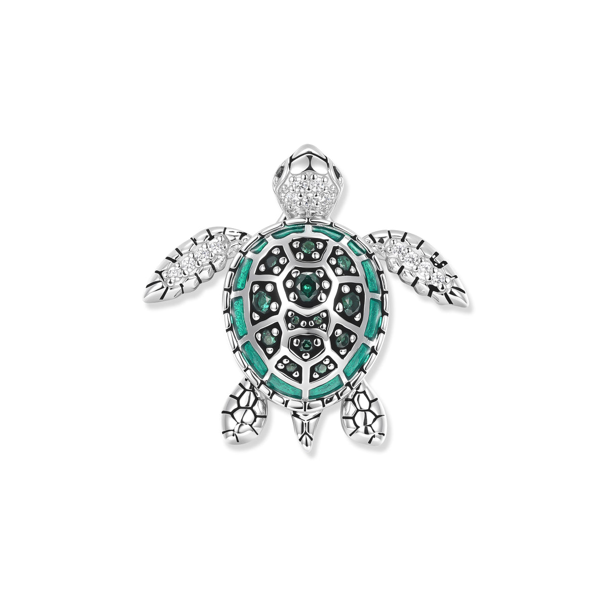 Detailed turtle in rhodium-plated silver with a green enamel shell and sparkling green cubic zirconia, inspired by tranquil aquatic worlds