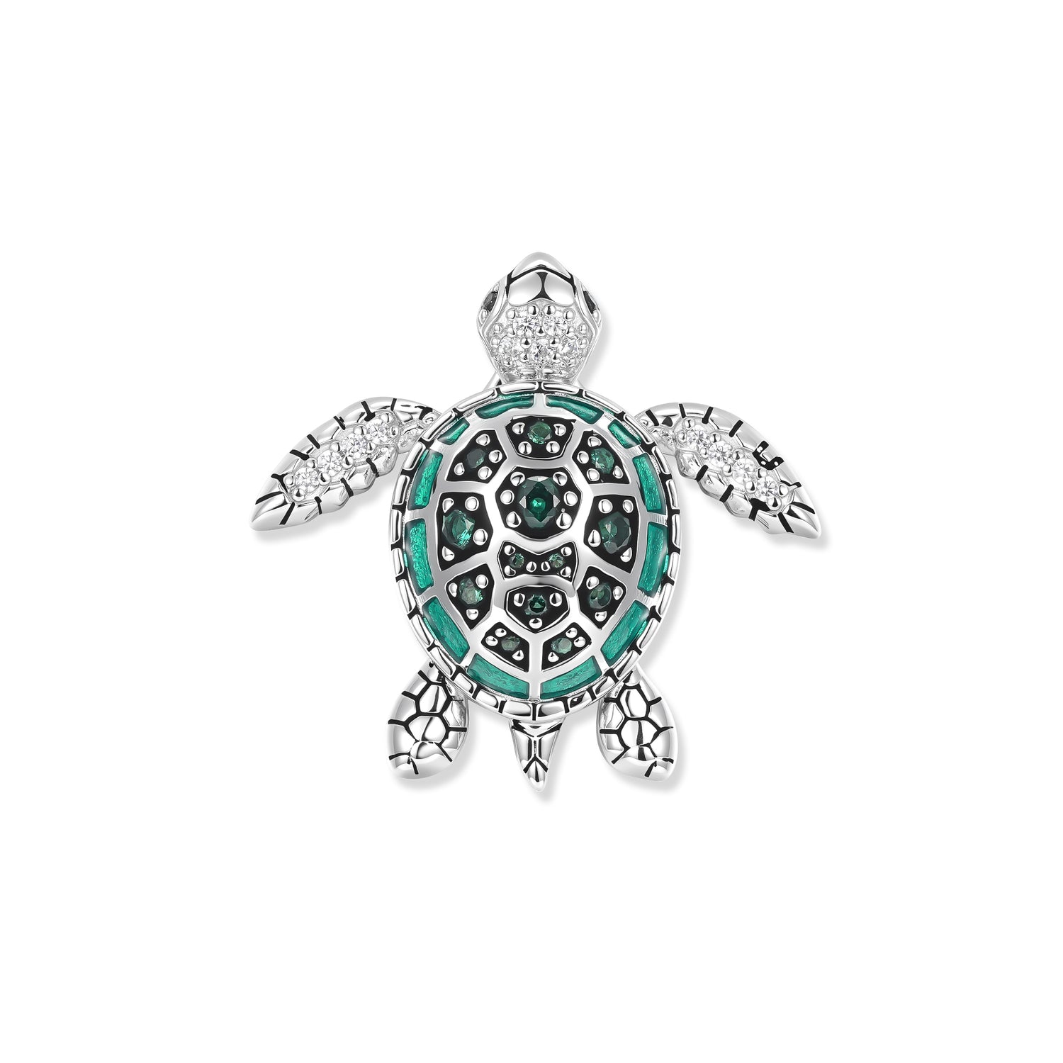 Tortue détaillée en argent rhodié avec carapace en émail vert et oxydes de zirconium verts scintillants, inspirée des mondes aquatiques paisibles