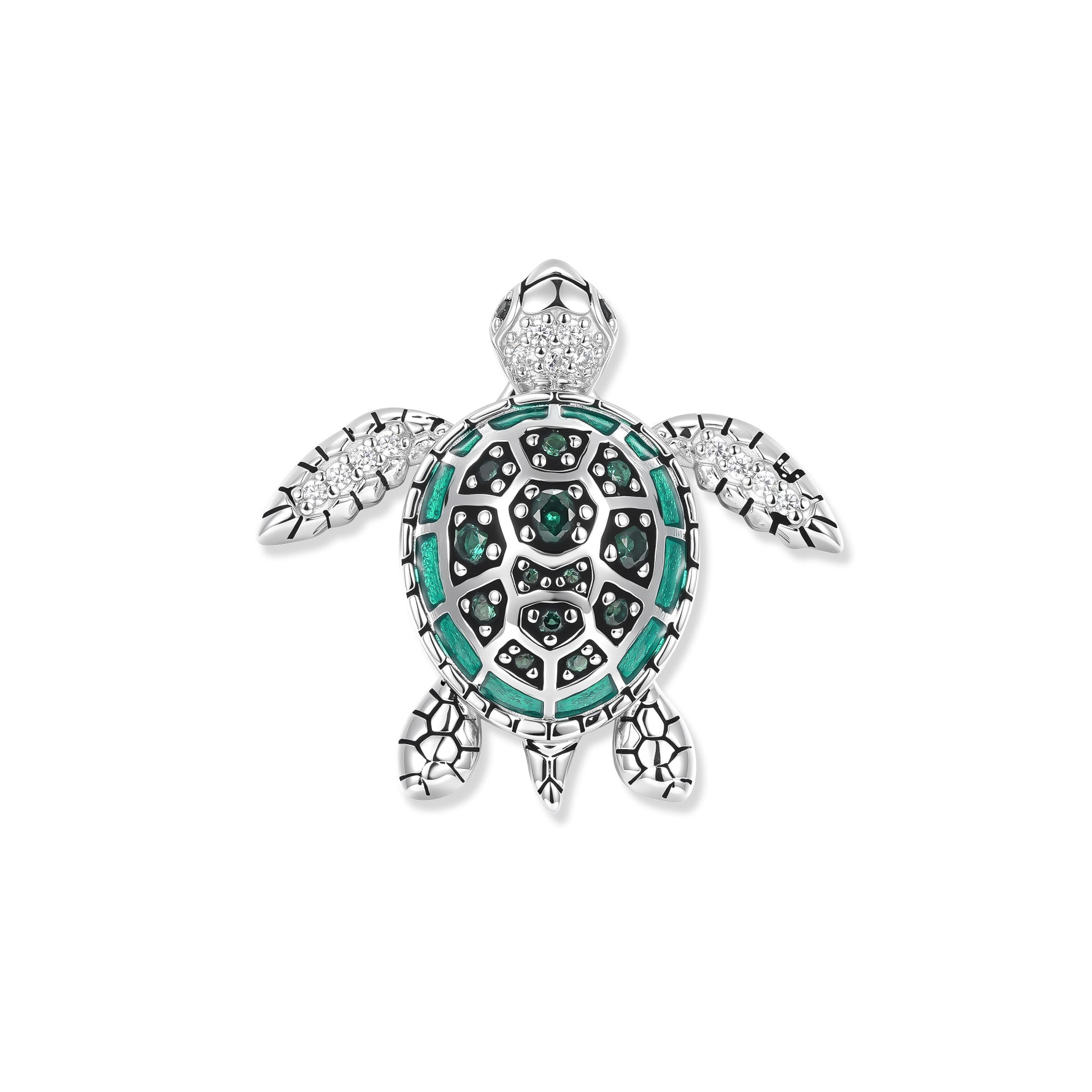 Detailed turtle in rhodium-plated silver with a green enamel shell and sparkling green cubic zirconia, inspired by tranquil aquatic worlds