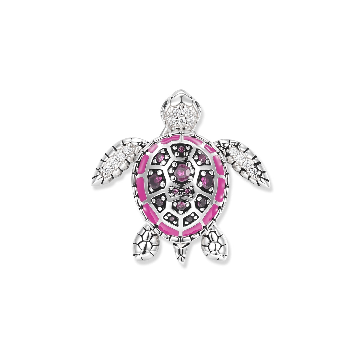 Vibrant turtle in rhodium-plated silver with a pink and fuchsia enamel shell and sparkling zirconia, inspired by vivid underwater worlds
