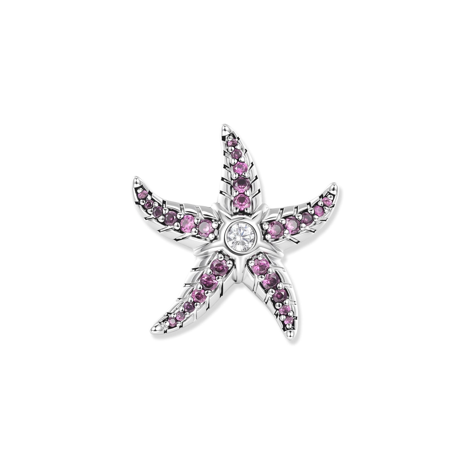 Silver starfish with pink and fuchsia cubic zirconia in the arms and a sparkling stone in the center, inspired by colorful underwater worlds