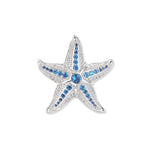 Great silver starfish with deep and light blue zirconia and fine white highlights, intricately crafted as a masterpiece of the watery world