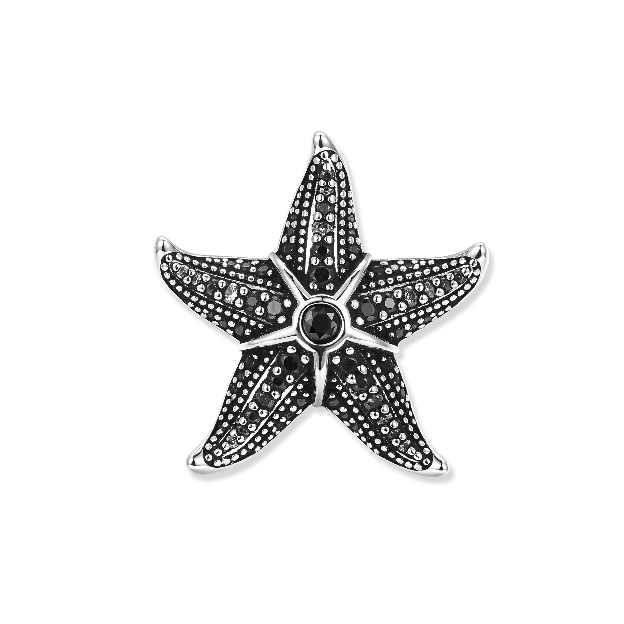 Dunkler Sonja Seestern Anhänger aus oxidiertem Silber mit schwarzen Zirkonia im Zentrum und feinen blauen Akzenten an den Spitzen