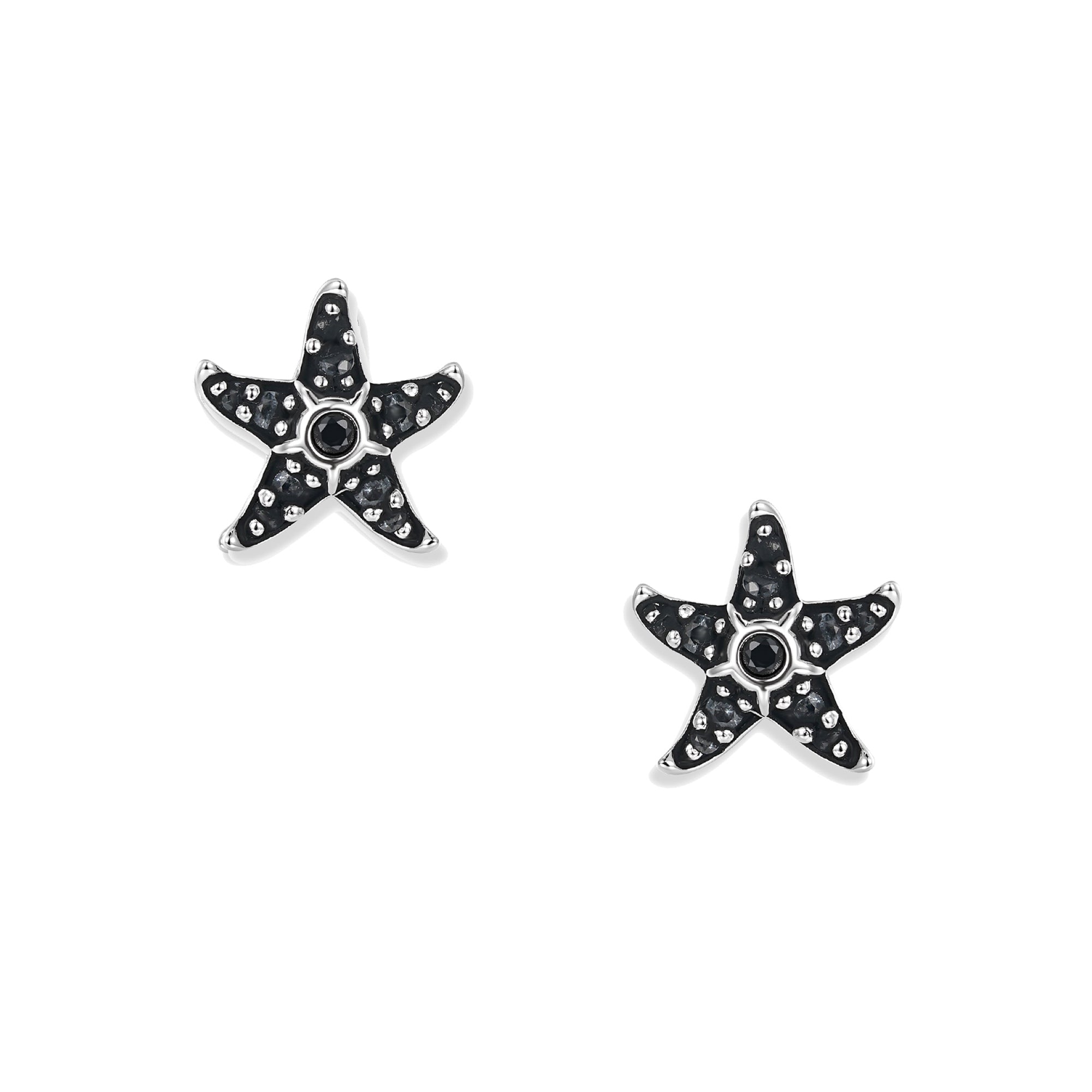 Kleine Sonja Dark Seestern Ohrstecker aus oxidiertem 925 Sterling Silber mit schwarzen Zirkonia und feinen nano-blauen Akzenten an den Spitzen