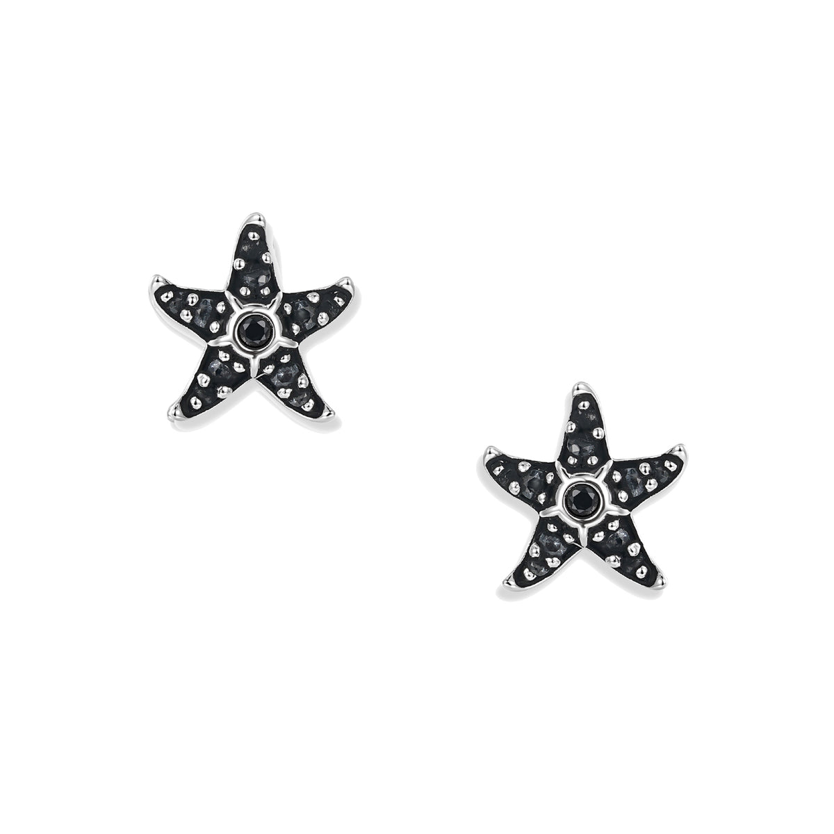 Kleine Sonja Dark Seestern Ohrstecker aus oxidiertem 925 Sterling Silber mit schwarzen Zirkonia und feinen nano-blauen Akzenten an den Spitzen