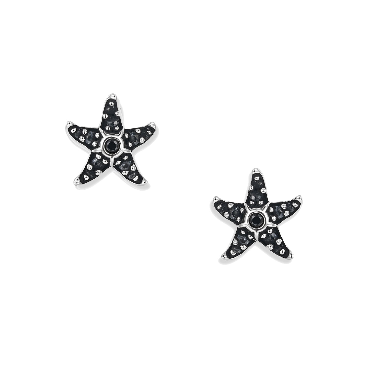 Kleine Sonja Dark Seestern Ohrstecker aus oxidiertem 925 Sterling Silber mit schwarzen Zirkonia und feinen nano-blauen Akzenten an den Spitzen