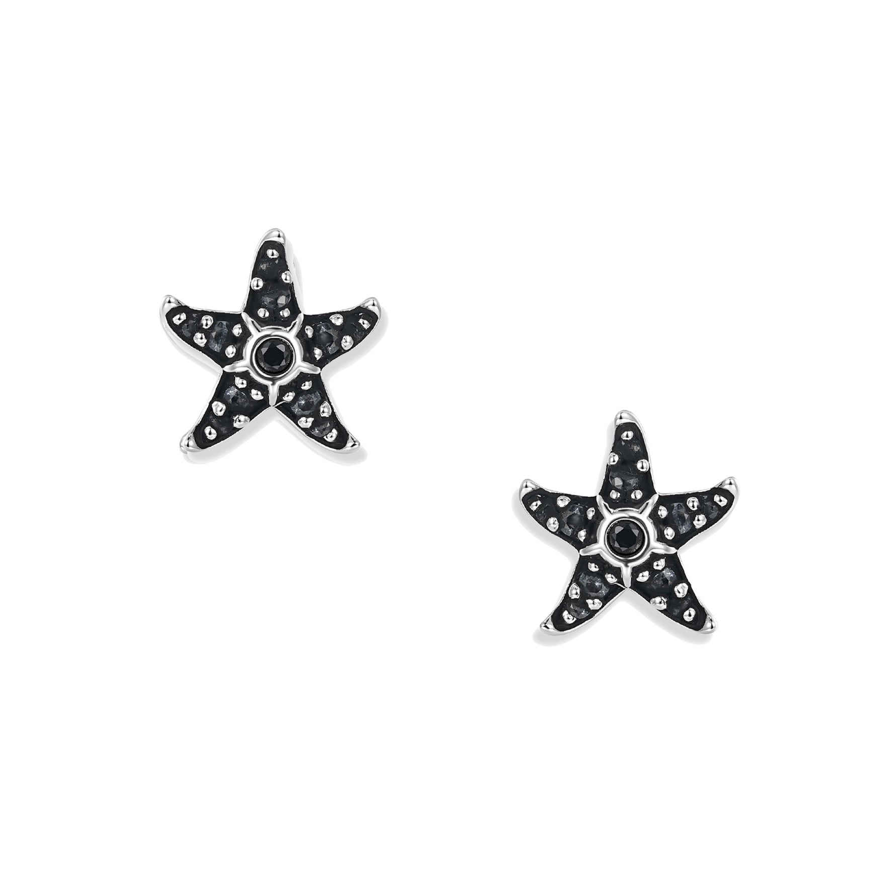Kleine Sonja Dark Seestern Ohrstecker aus oxidiertem 925 Sterling Silber mit schwarzen Zirkonia und feinen nano-blauen Akzenten an den Spitzen
