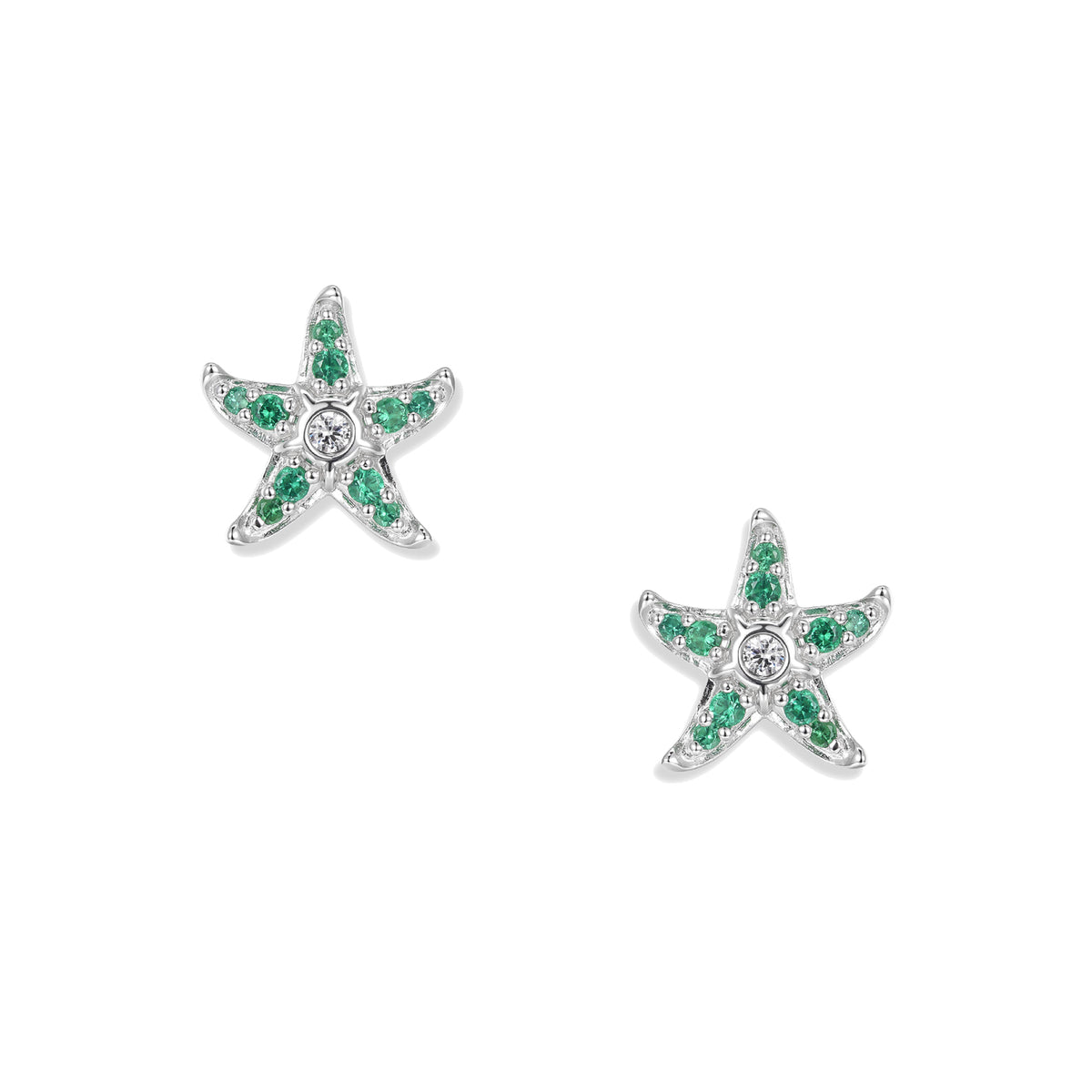 Subtle silver starfish earrings with green zirconia and delicate white accents, matching the Sonja Green pendant
