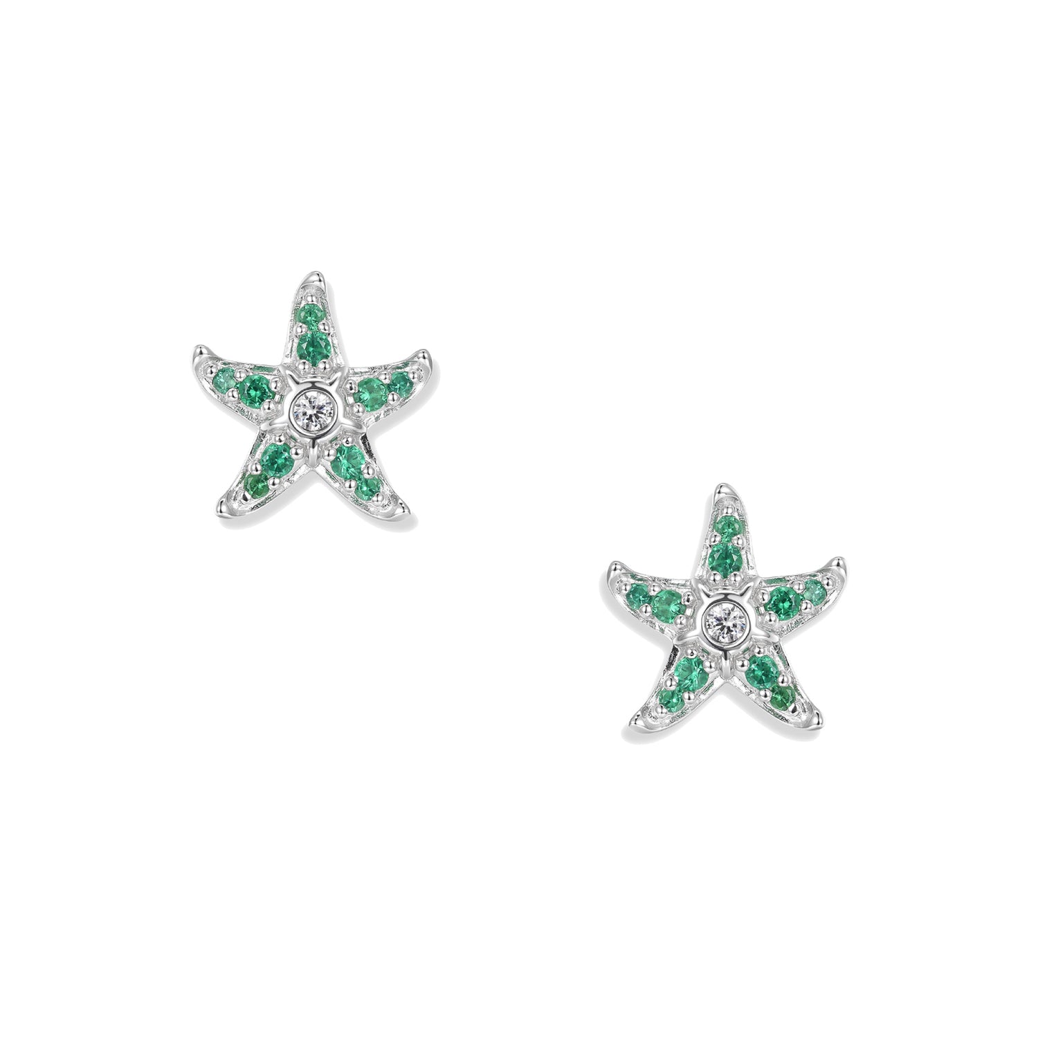 Subtle silver starfish earrings with green zirconia and delicate white accents, matching the Sonja Green pendant