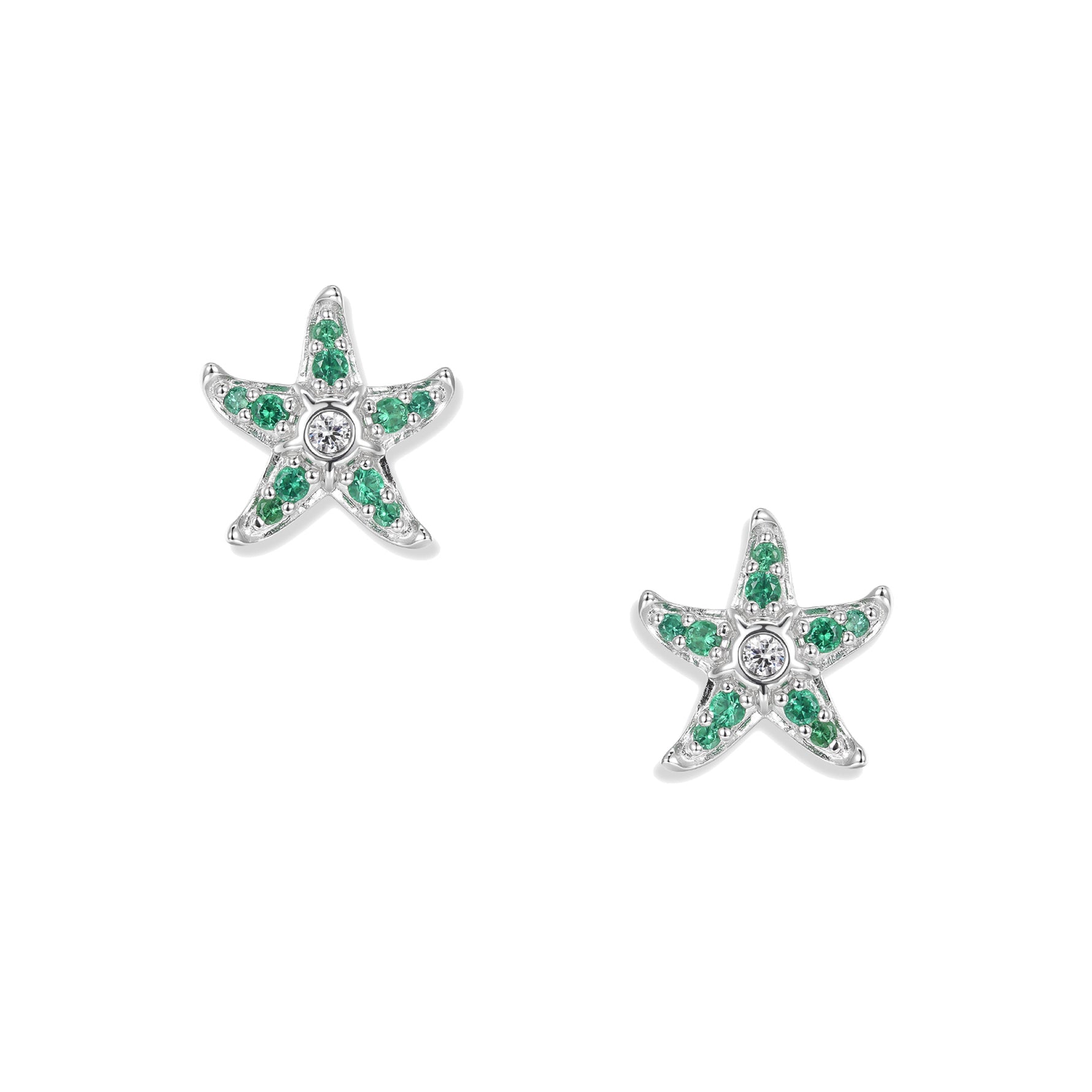 Subtle silver starfish earrings with green zirconia and delicate white accents, matching the Sonja Green pendant