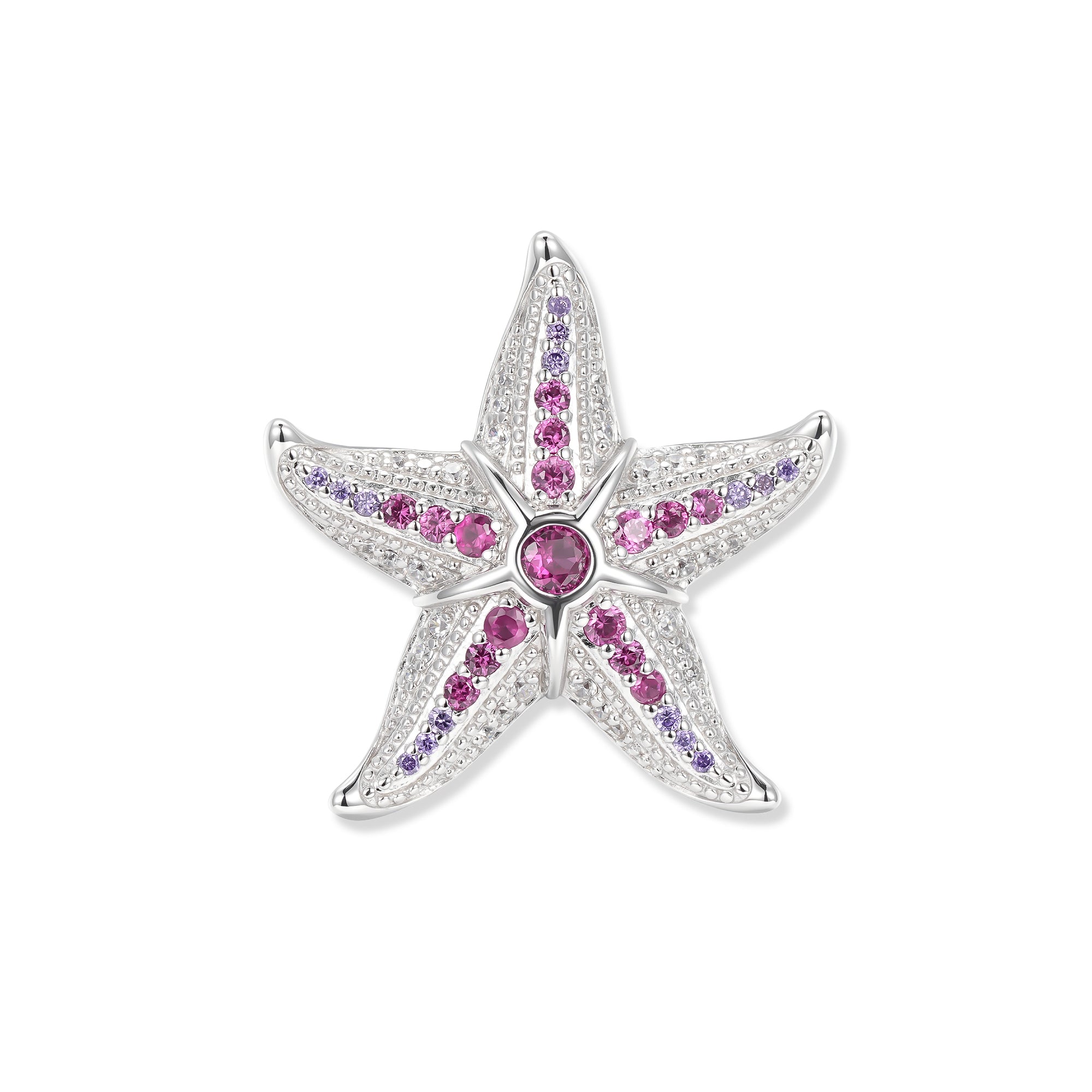 Großer silberner Seestern mit pinken und violetten Zirkonia sowie feinen weißen Lichtakzenten, detailreich gearbeitet als Masterpiece der Wasserwelten
