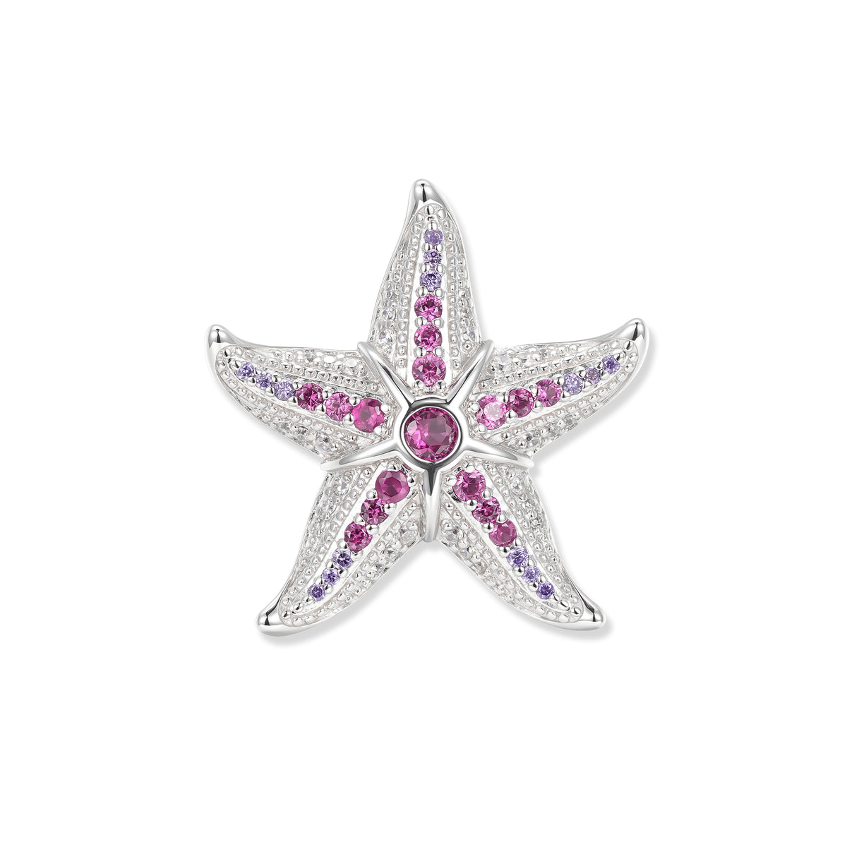 Large silver starfish with pink and purple zirconia and delicate white light accents, intricately crafted as a masterpiece of the aquatic world.