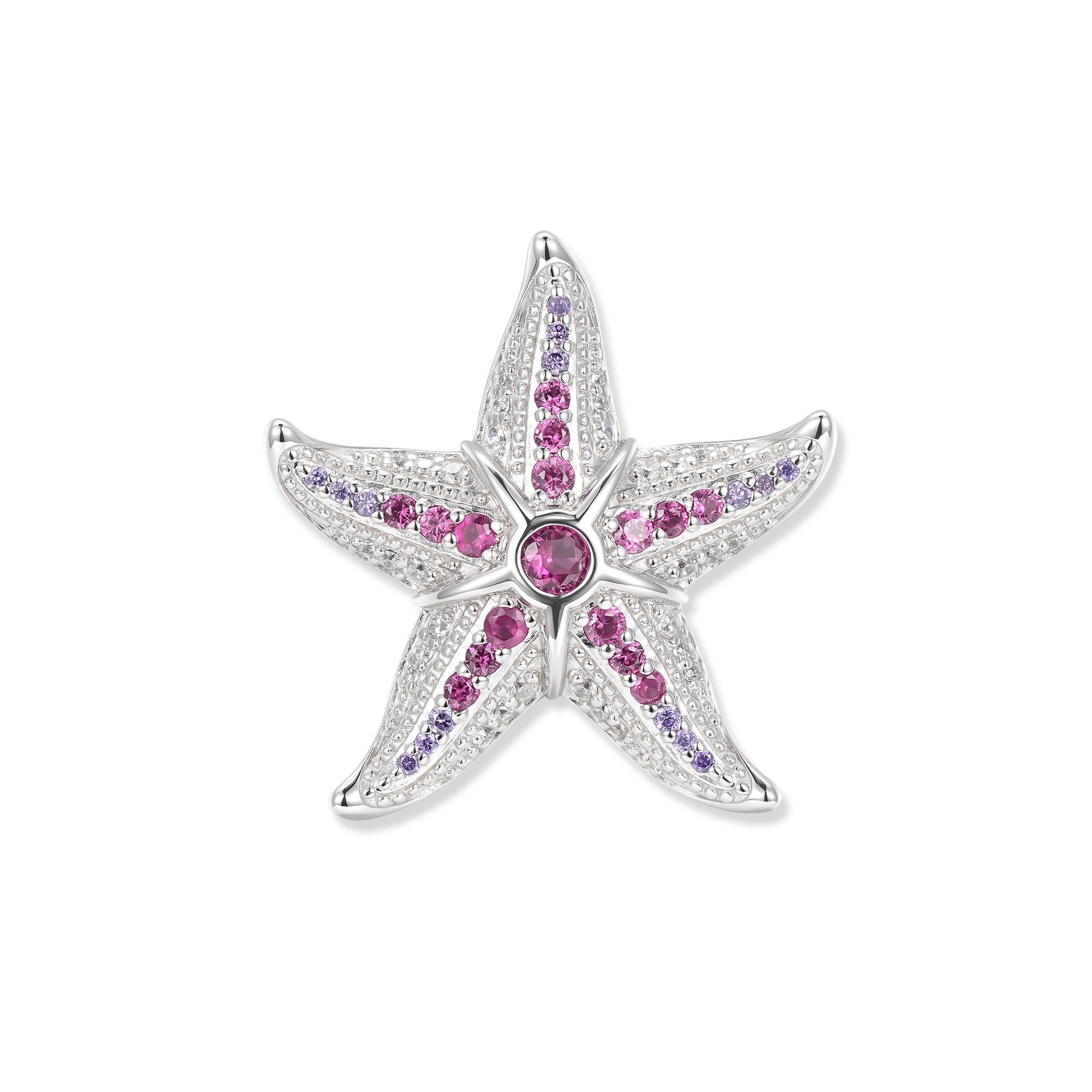 Large silver starfish with pink and purple zirconia and delicate white light accents, intricately crafted as a masterpiece of the aquatic world.