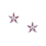 Delicate silver starfish stud earrings with pink and purple cubic zirconia and fine white highlights, matching the Sonja Pink pendant