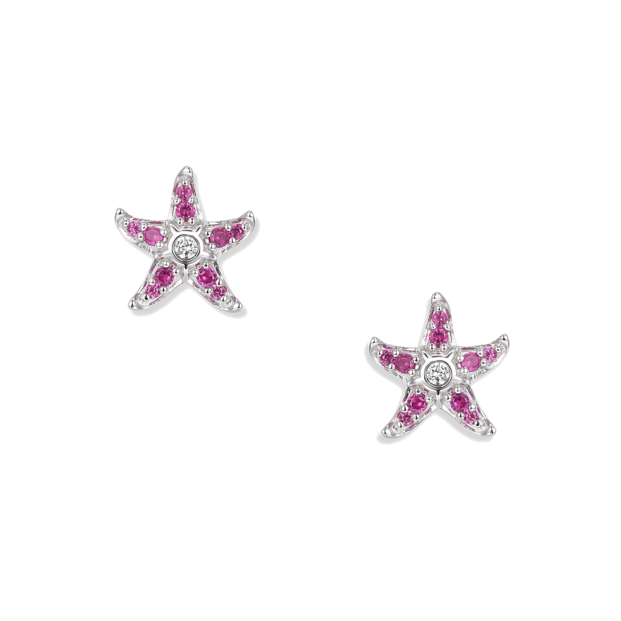 Zarte silberne Seestern Ohrstecker mit pinken und violetten Zirkonia sowie feinen weißen Lichtakzenten, passend zum Sonja Pink Anhänger