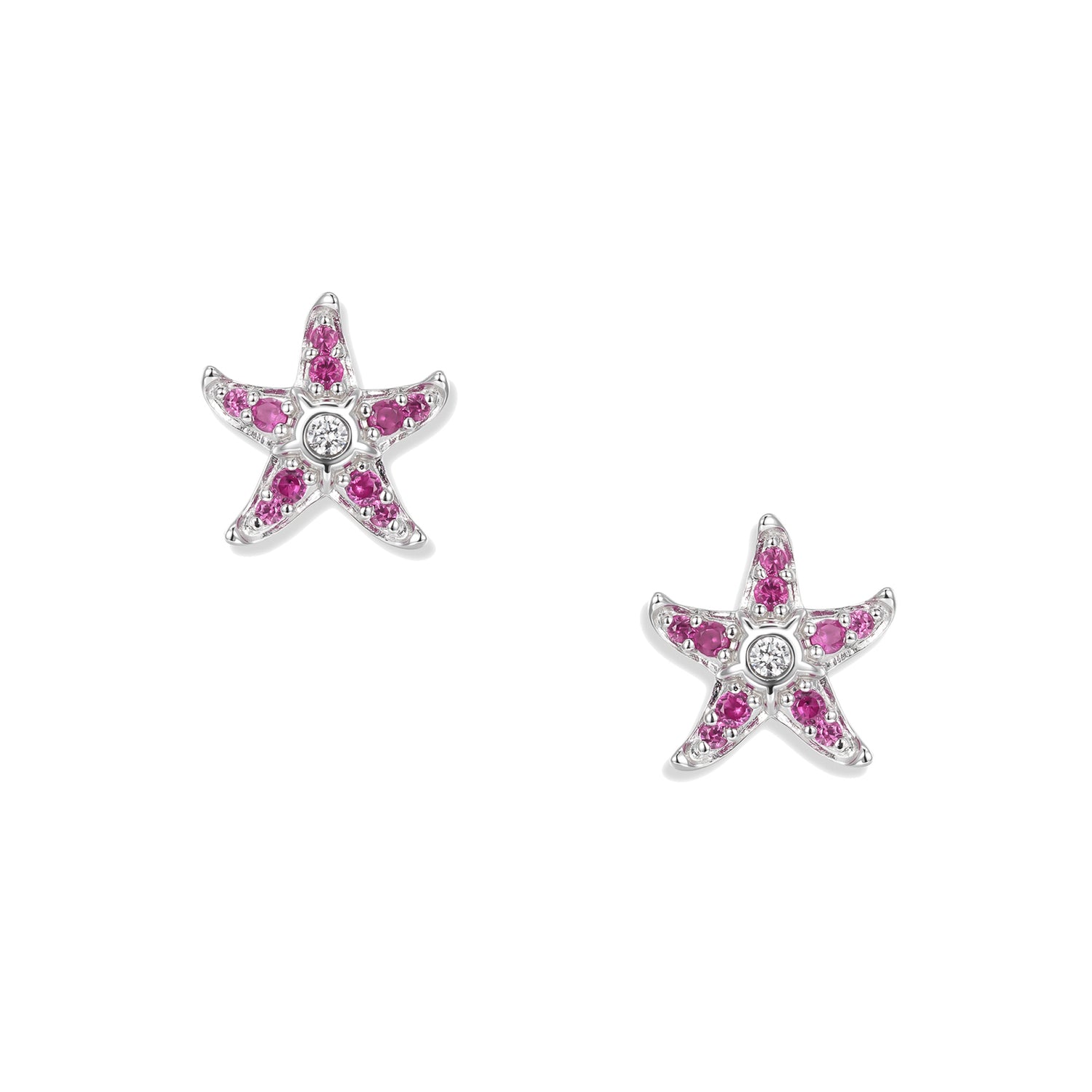 Delicate silver starfish stud earrings with pink and purple zirconia and fine white light accents, matching the Sonja Pink pendant