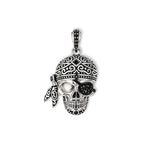 Sparrow Piratenschädel-Anhänger von SEINERZEIT aus 925 Sterling Silber mit schwarzen Zirkonia, Emaille, Piratenklappe und Piratenhaube