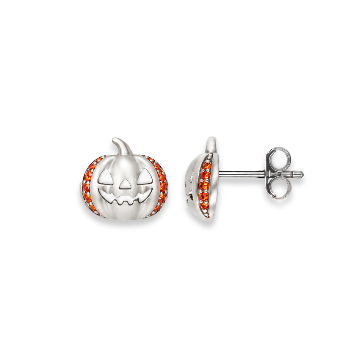 Spooky Kürbis-Ohrstecker von SEINERZEIT aus 925 Sterling Silber mit orangefarbenen Zirkonia in Seitenansicht