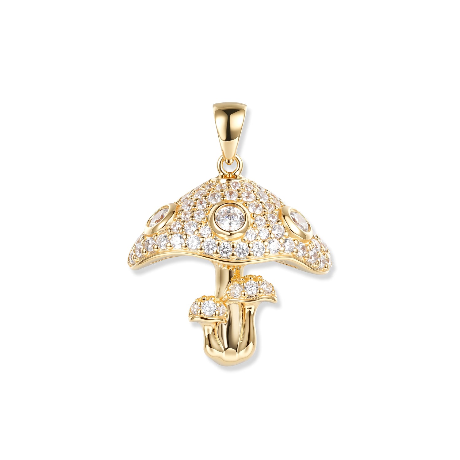 Gold-plated Spora mushroom pendant with white zirconia, featuring one large mushroom and two small mushrooms, elegant forest-inspired design