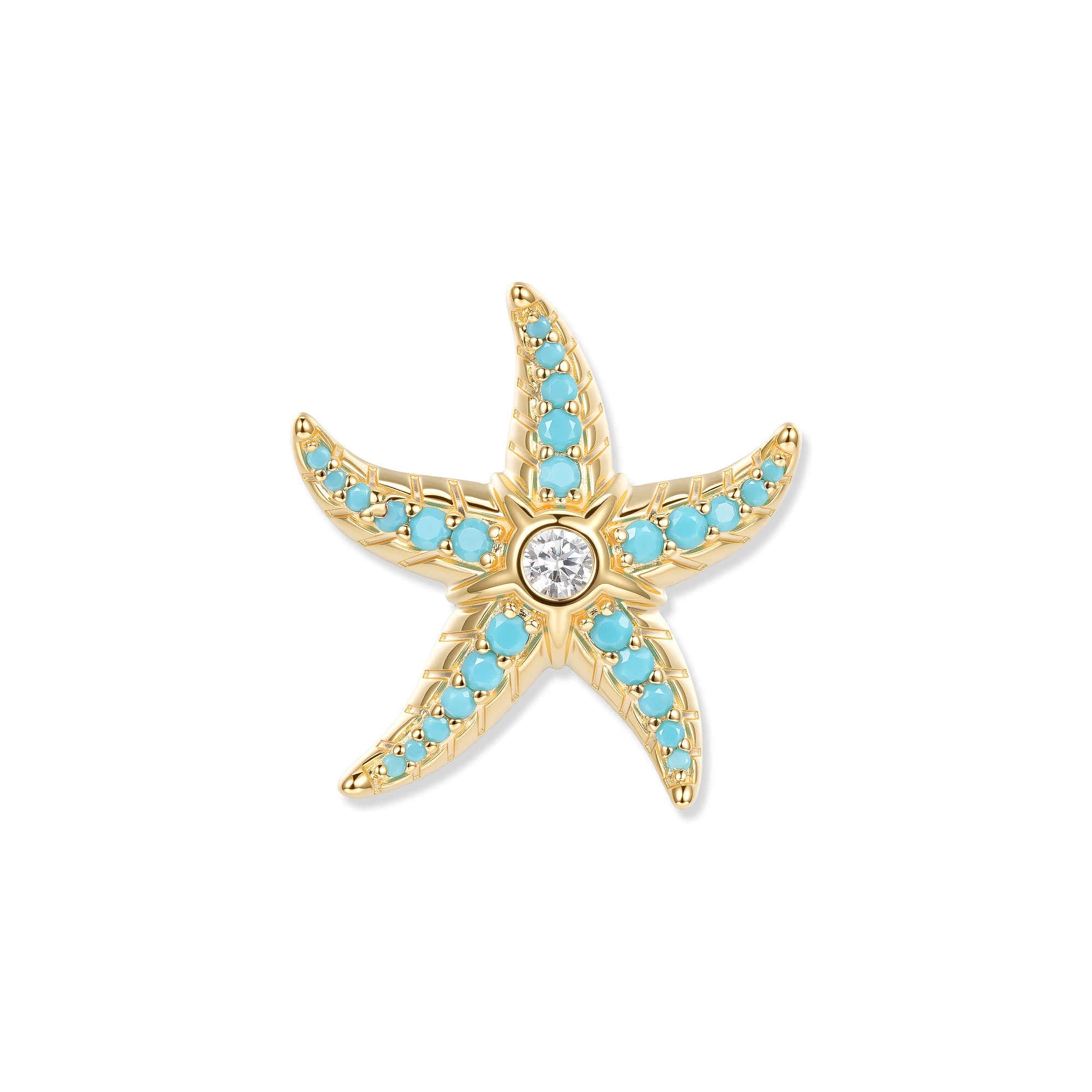 Goldener Seestern mit türkisfarbenen Zirkonia in den Armen und funkelndem Stein im Zentrum, inspiriert von sonnigen, klaren Wasserwelten