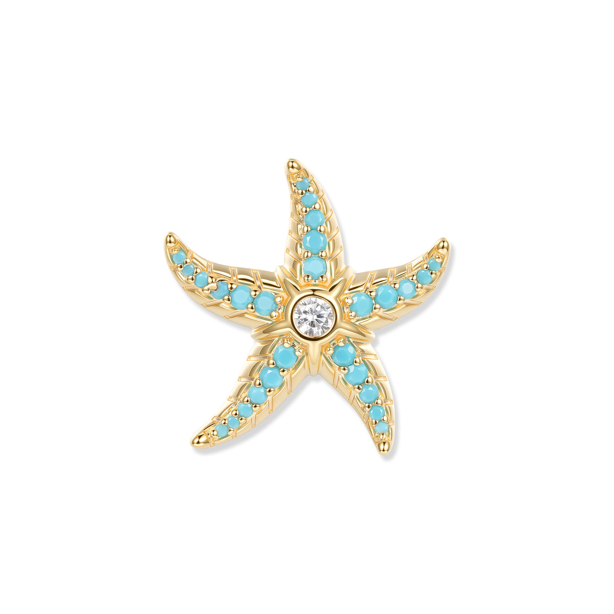 Golden starfish with turquoise zirconia in the arms and a sparkling stone in the center, inspired by sunny, clear aquatic worlds
